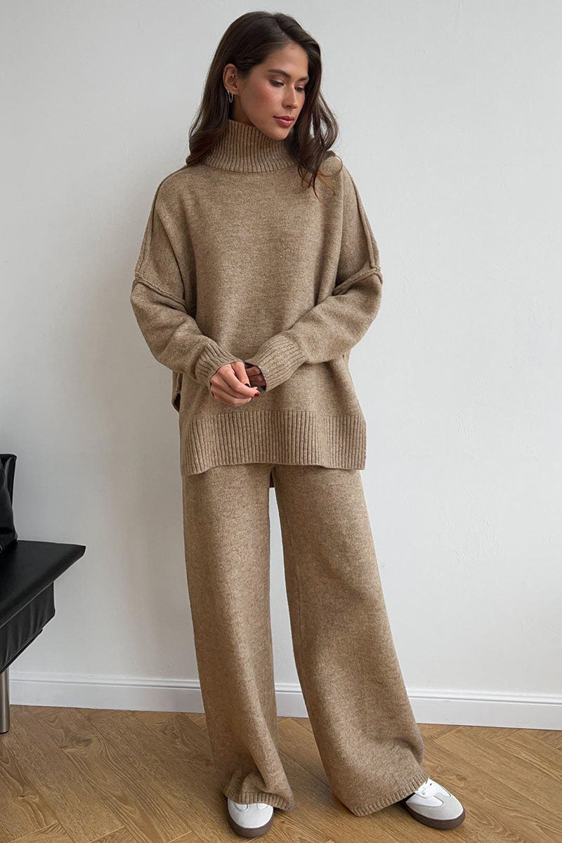 Turtleneck Split Sweater Loose Knit Pants Set