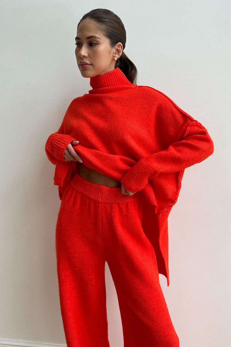 Turtleneck Split Sweater Loose Knit Pants Set