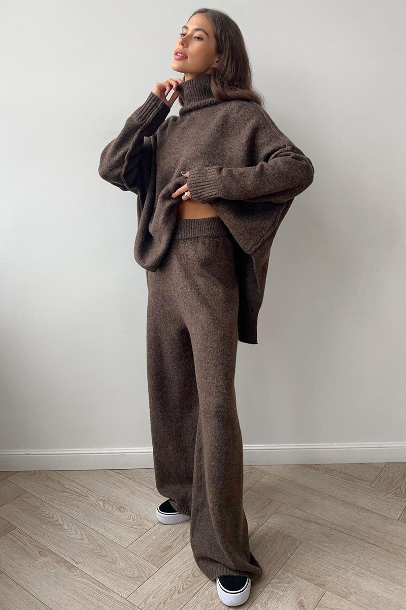 Turtleneck Split Sweater Loose Knit Pants Set