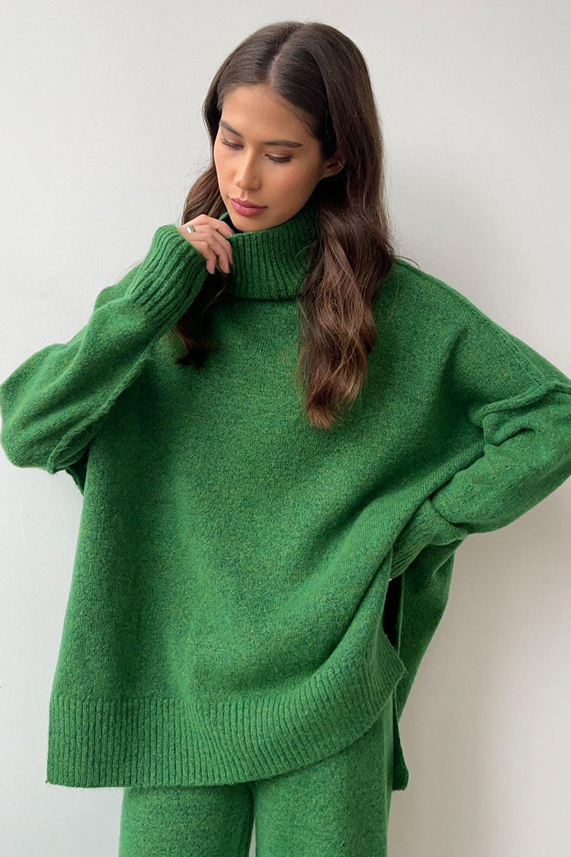 Turtleneck Split Sweater Loose Knit Pants Set