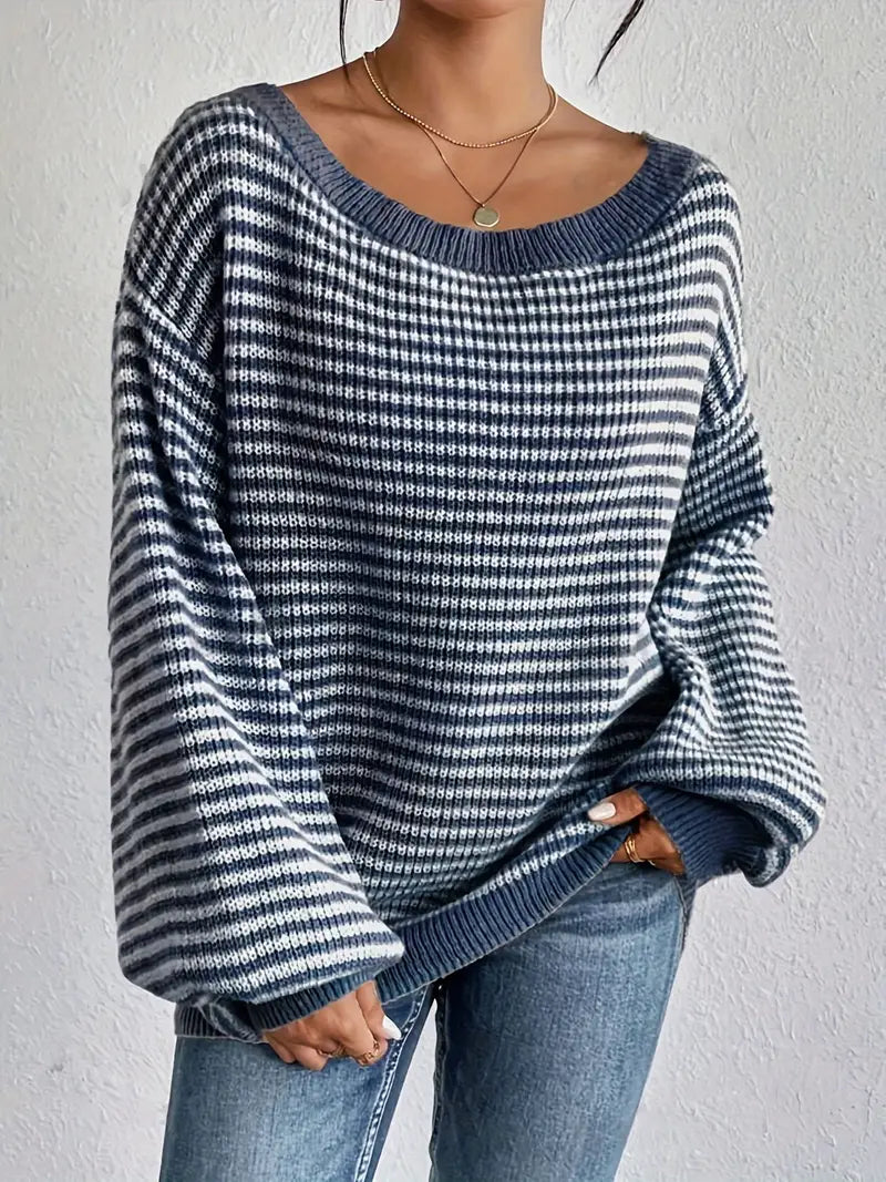 Charlie | Gestreepte gebreide off-shoulder trui