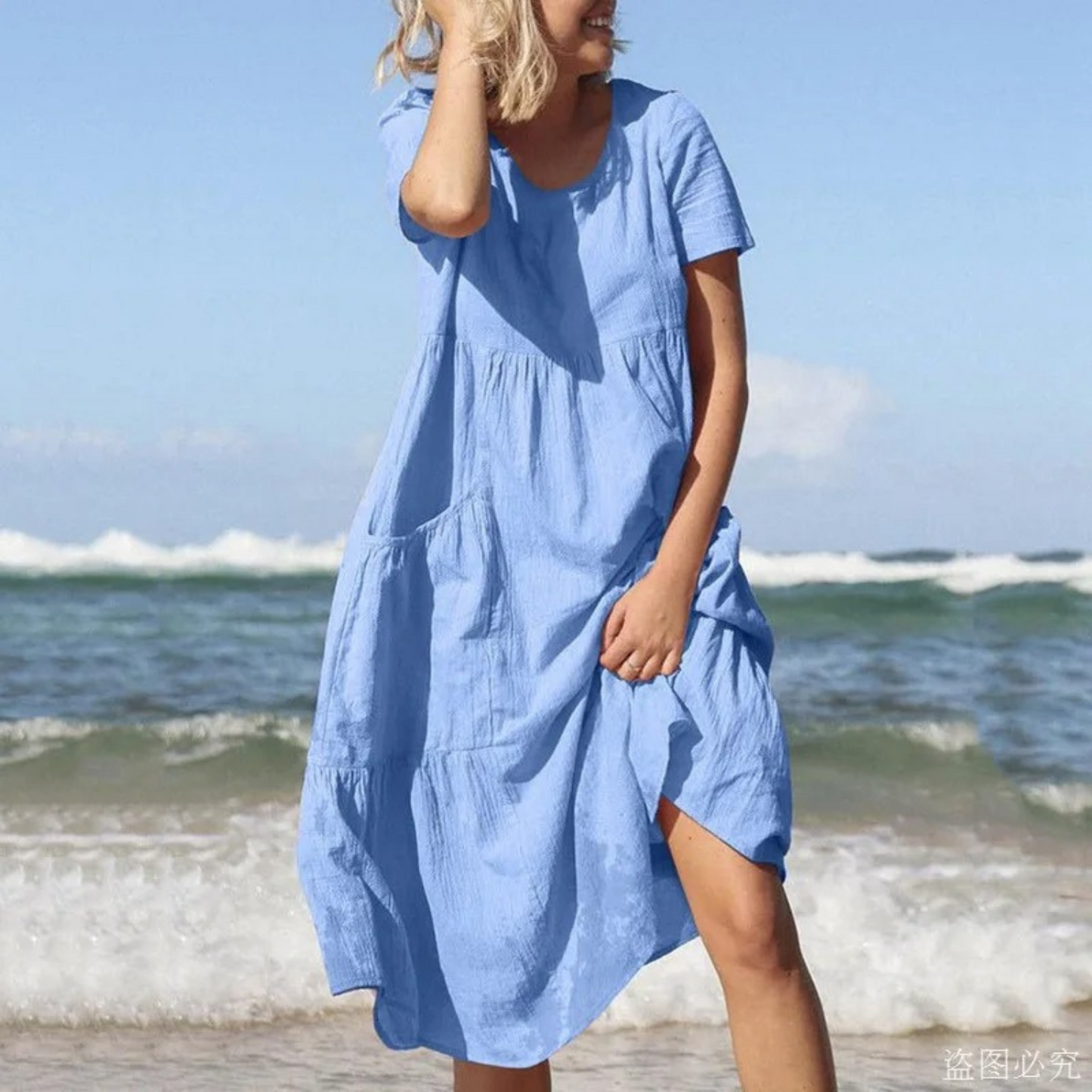 MODA elegante blauwe linnen jurk met o-hals