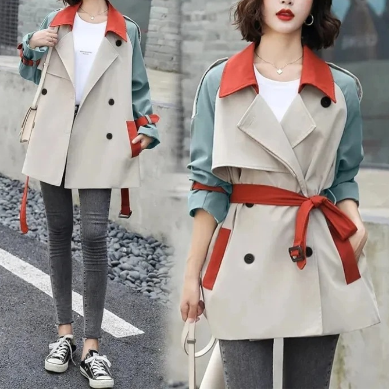 Trenchy - Colourblock Dubbelrijige Trenchcoat voor Vrouwen - Stijlvolle Trenchcoat Dames