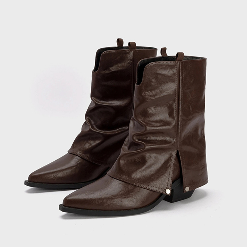 Warmte - Slouchy Leren Enkelboots met Puntige Neus - Cowboy Laarzen Dames