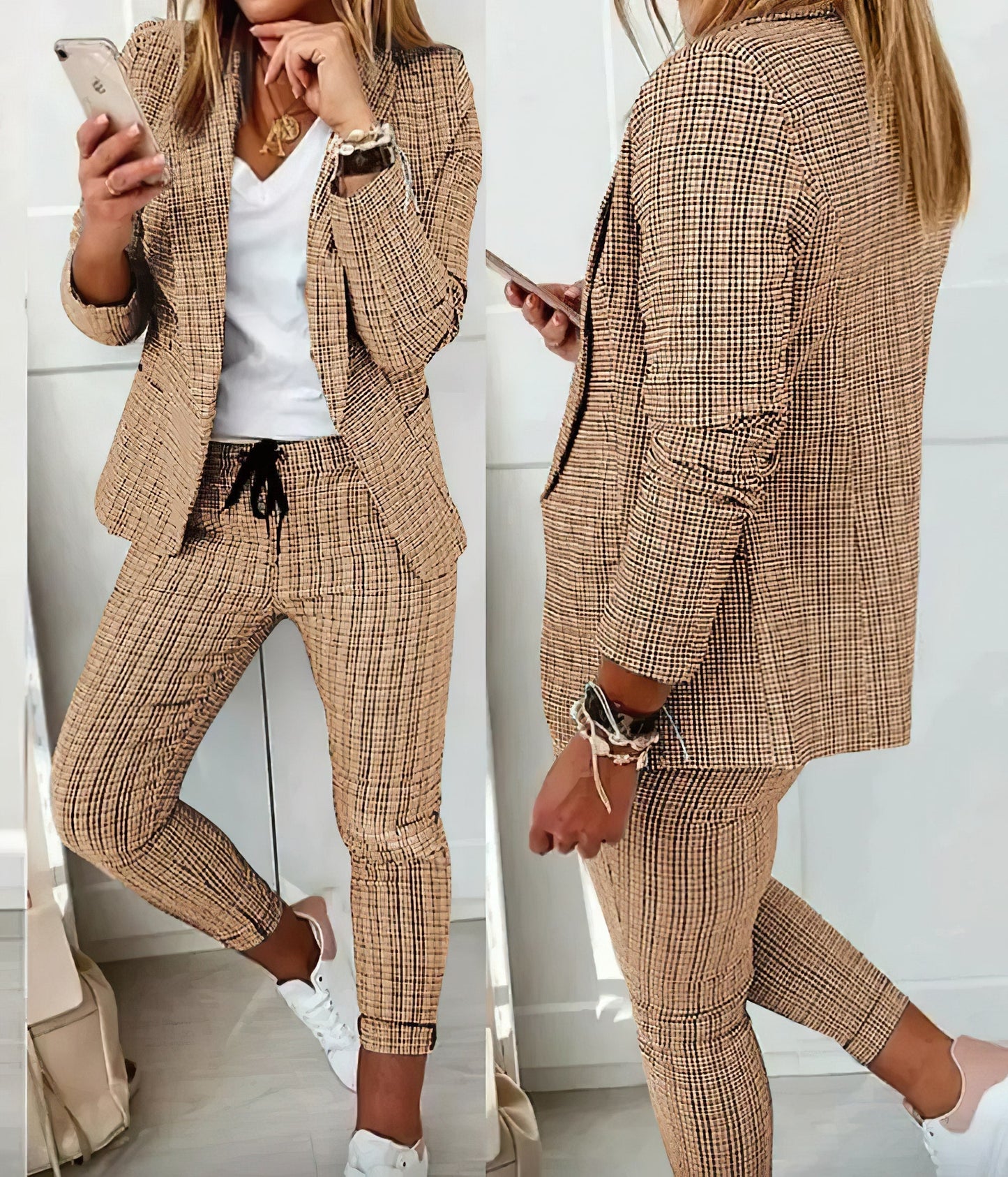 2-Delige Geruite Blazer Set Dames