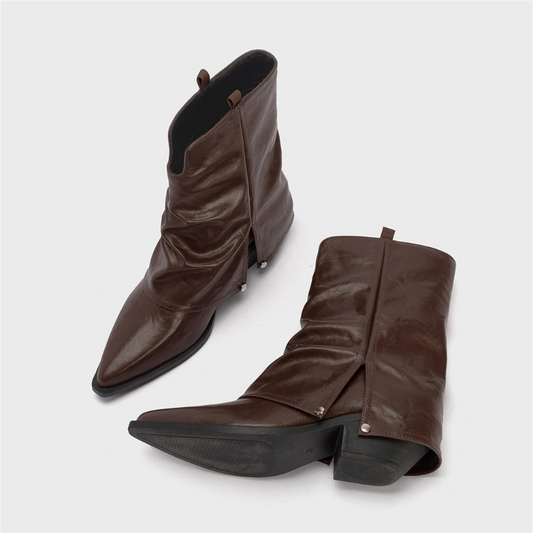 Warmte - Slouchy Leren Enkelboots met Puntige Neus - Cowboy Laarzen Dames