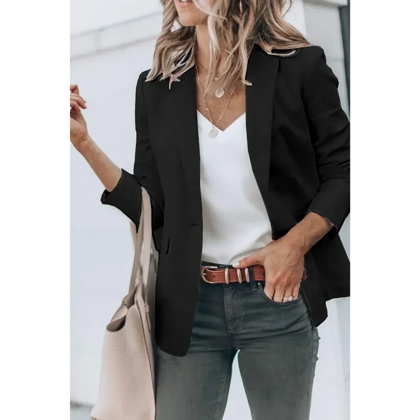 MODA Effen zwarte losse dames blazer met pofmouwen