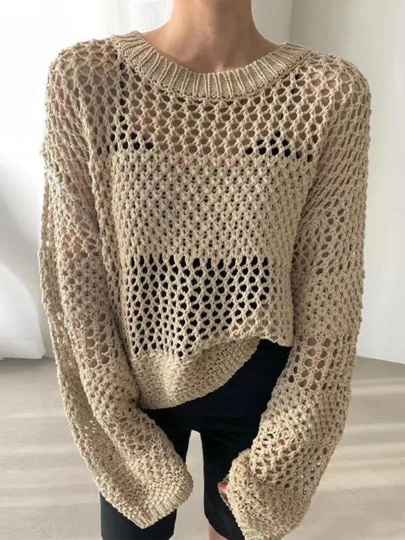 Knittie - Dames Losse Mesh Gebreide Trui – Casual Doorzichtig Ontwerp