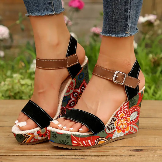 Olive - Sandalen met sleehak en bloemenprint voor dames