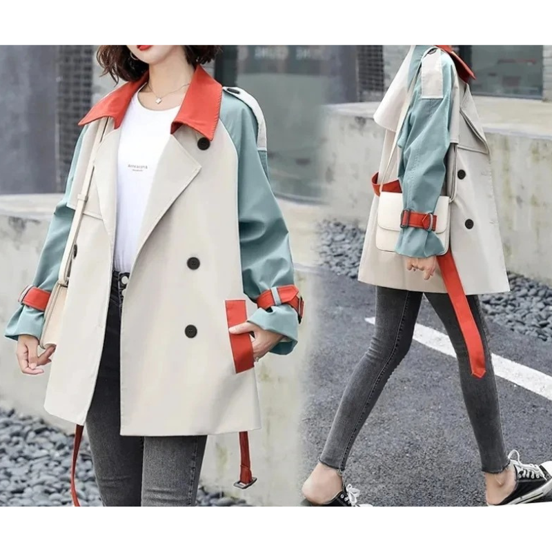 Trenchy - Colourblock Dubbelrijige Trenchcoat voor Vrouwen - Stijlvolle Trenchcoat Dames