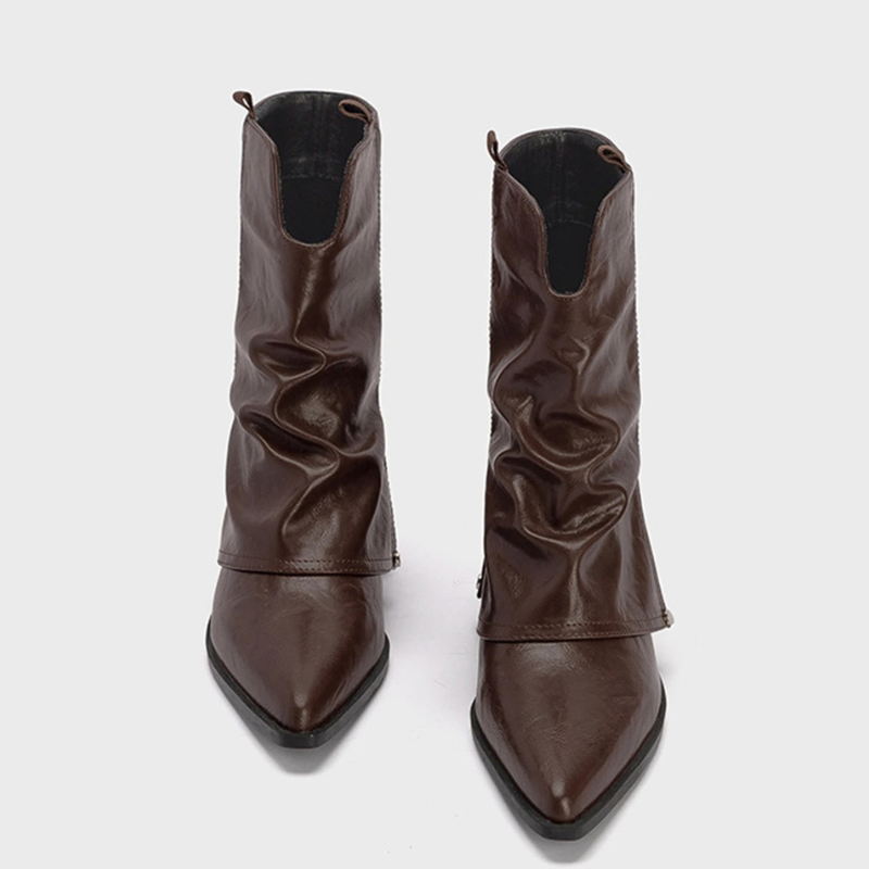 Warmte - Slouchy Leren Enkelboots met Puntige Neus - Cowboy Laarzen Dames