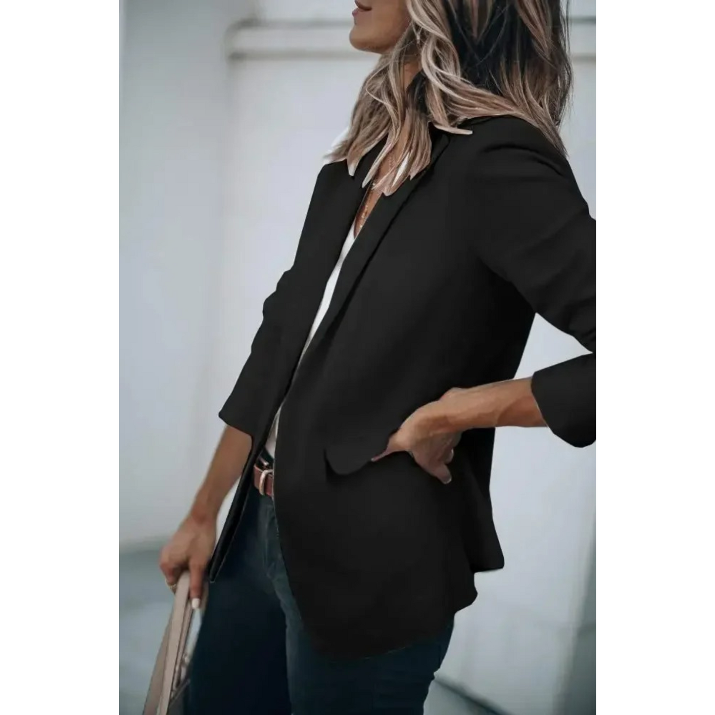 MODA Effen zwarte losse dames blazer met pofmouwen