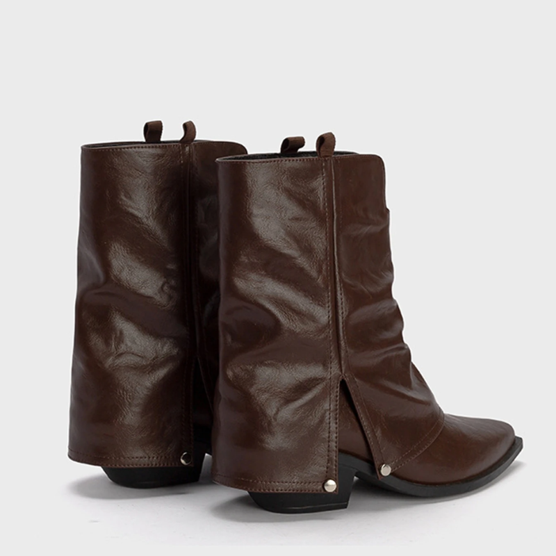 Warmte - Slouchy Leren Enkelboots met Puntige Neus - Cowboy Laarzen Dames