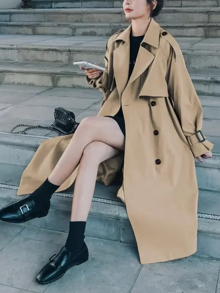 Stylish - Stijlvolle Lange Trenchcoat Dames met Verstelbare Riem en Pofmouwen