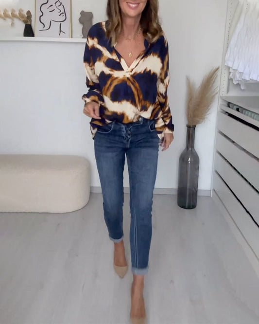 Elegante V-Hals Blouse Met Print & Gepofte Mouwen