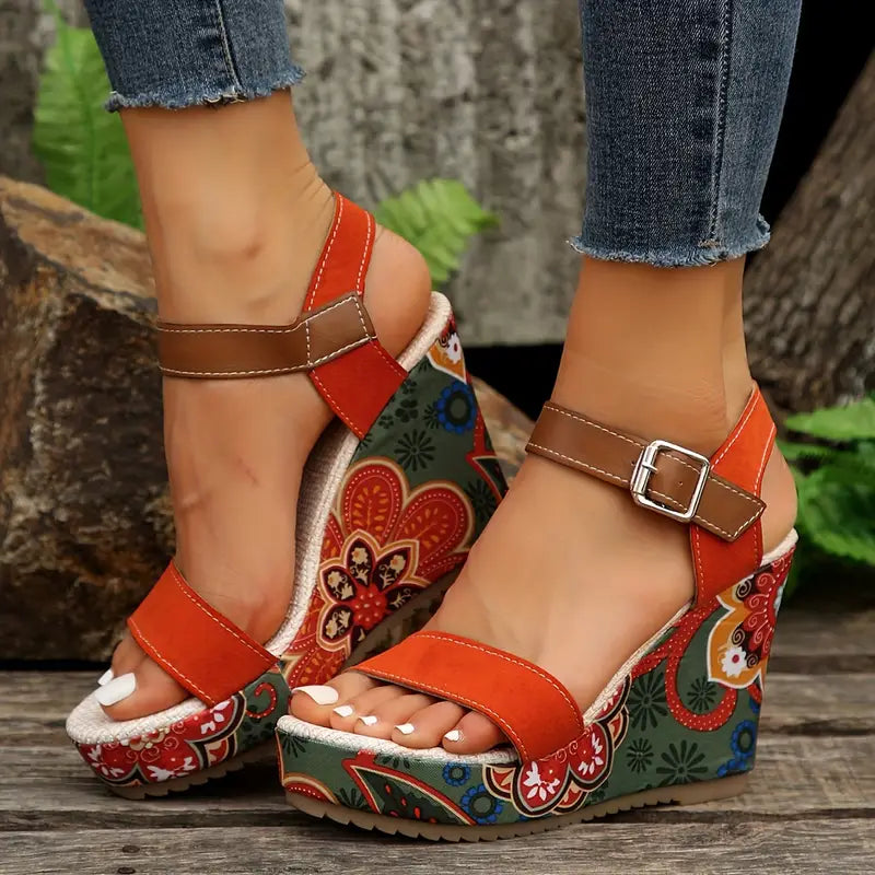 Olive - Sandalen met sleehak en bloemenprint voor dames