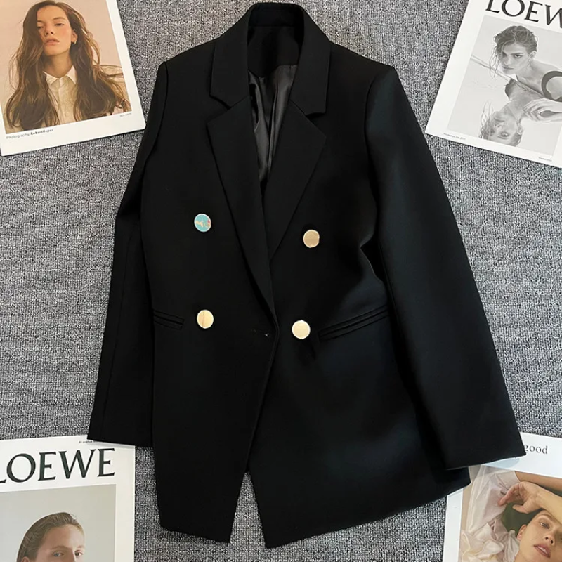 Femmeza - Lange Dames Blazer met Gouden Knopen en Getailleerde Pasvorm