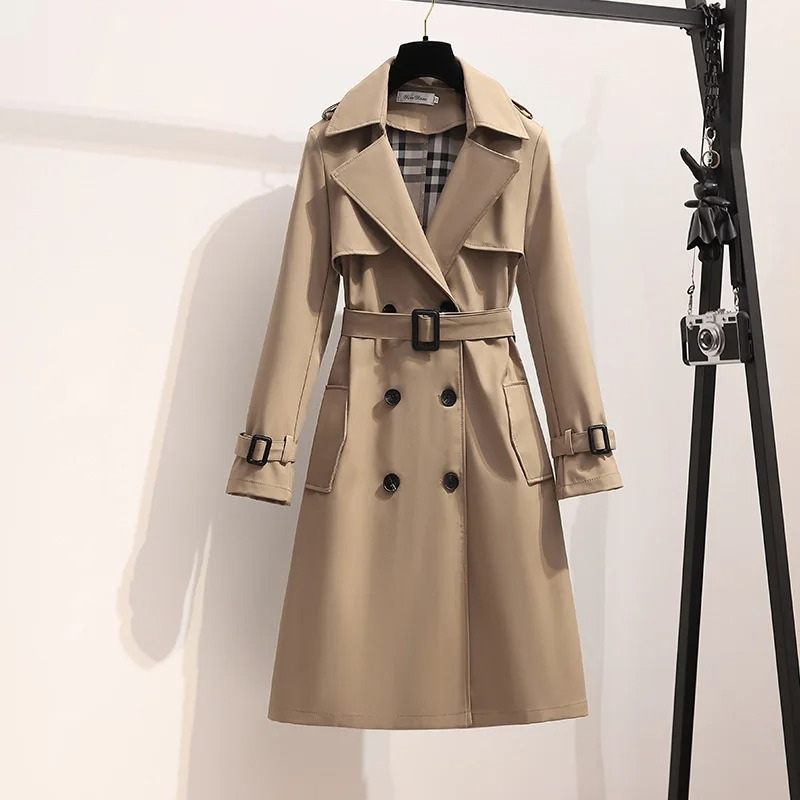 Luxejas - Lange Dubbelrijige Trenchcoat voor Vrouwen - Trenchcoat met Ceintuur Dames