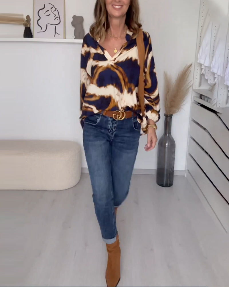 Elegante V-Hals Blouse Met Print & Gepofte Mouwen