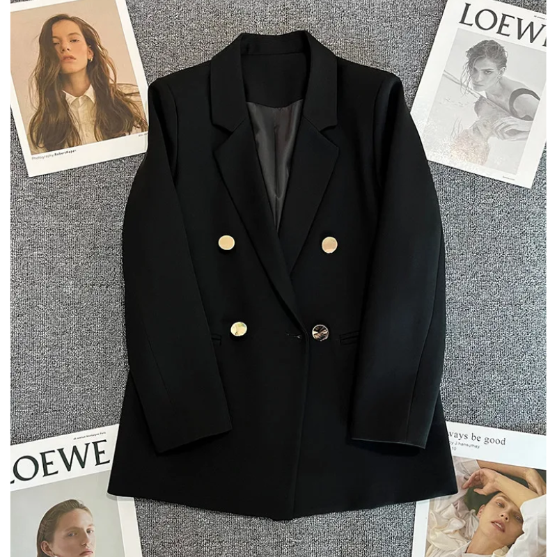 Femmeza - Lange Dames Blazer met Gouden Knopen en Getailleerde Pasvorm