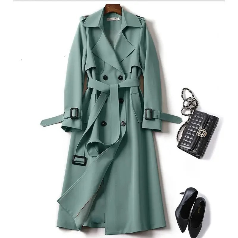 Stylina -  Lange Dubbelrijige Trenchcoat voor Vrouwen - Elegante Trenchcoat met Ceintuur Dames