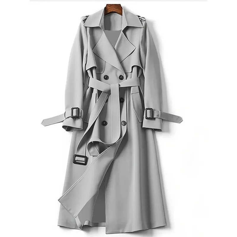 Stylina -  Lange Dubbelrijige Trenchcoat voor Vrouwen - Elegante Trenchcoat met Ceintuur Dames