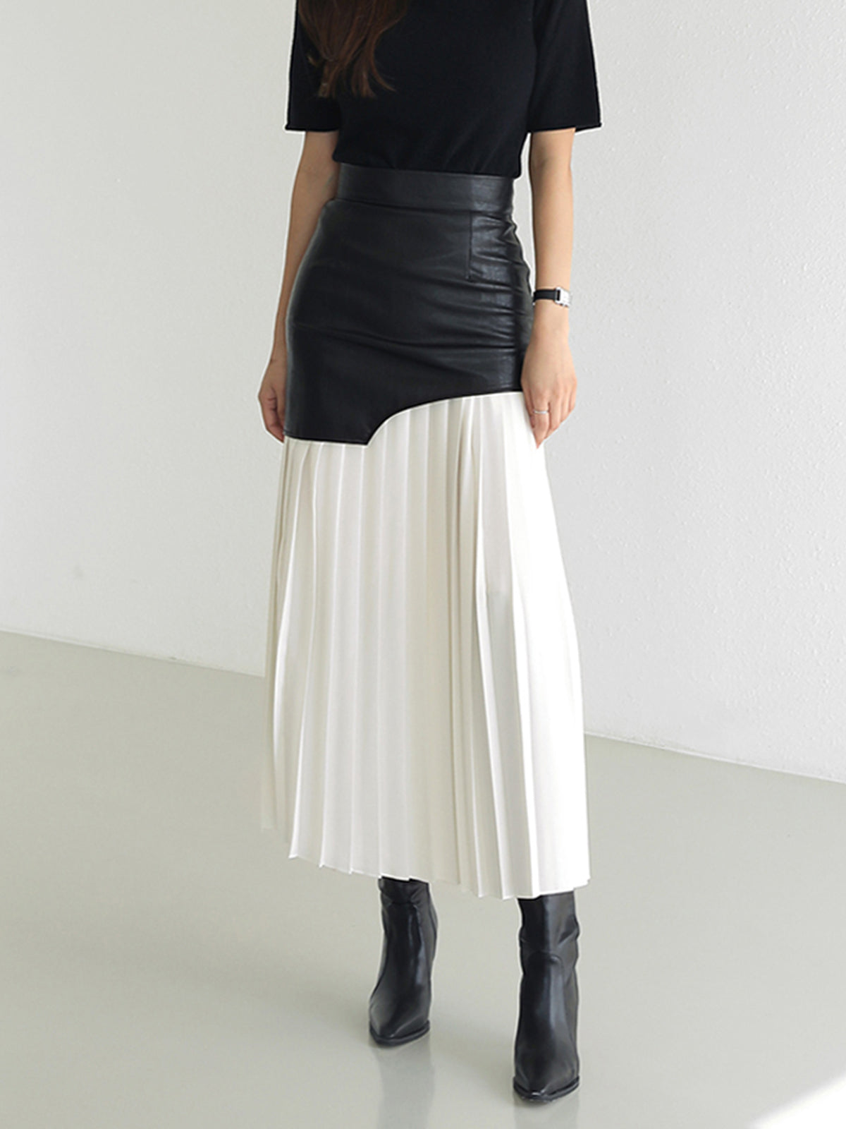 Asymmetrische Patchwork Midi Rok Leer & Chiffon