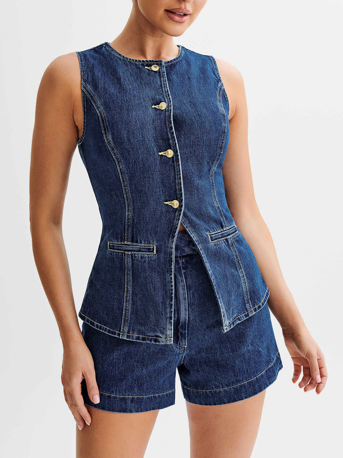 2-delige Denim Set Mouwloos Spijker Vest En Short