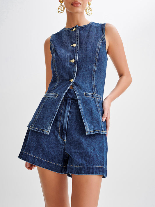 2-delige Denim Set Mouwloos Spijker Vest En Short