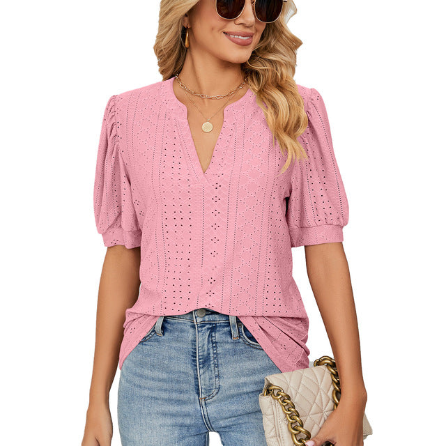 Losse Blouse Met V-Hals & Gepofte Mouwen