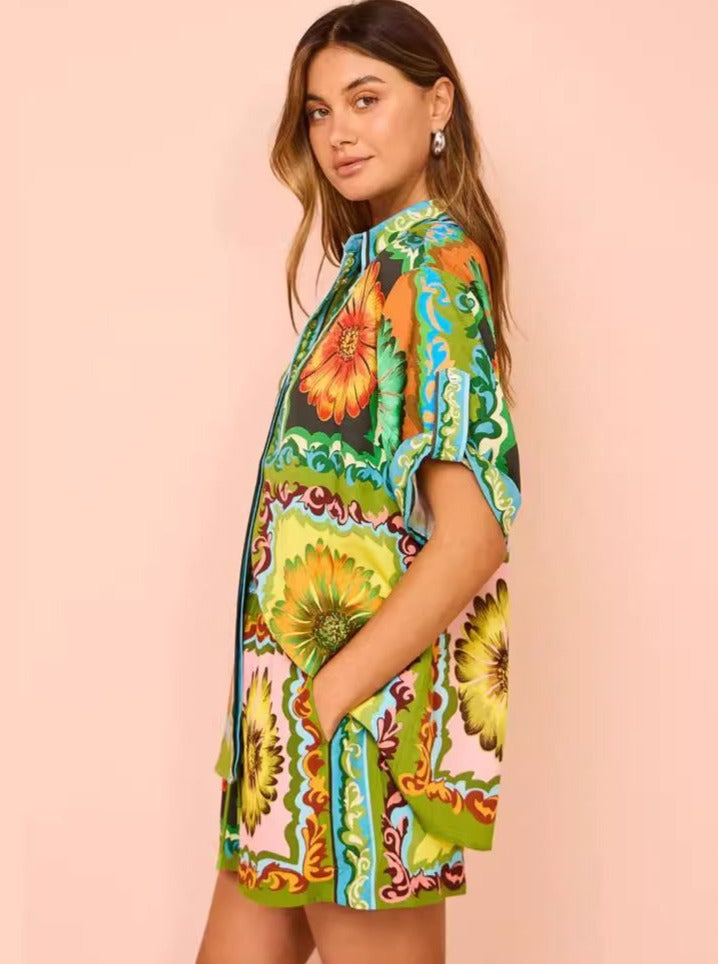 Losse 2-Delige Zomer Set Short En Blouse Met Print