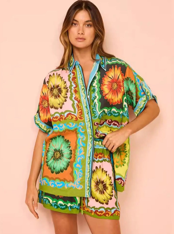 Losse 2-Delige Zomer Set Short En Blouse Met Print