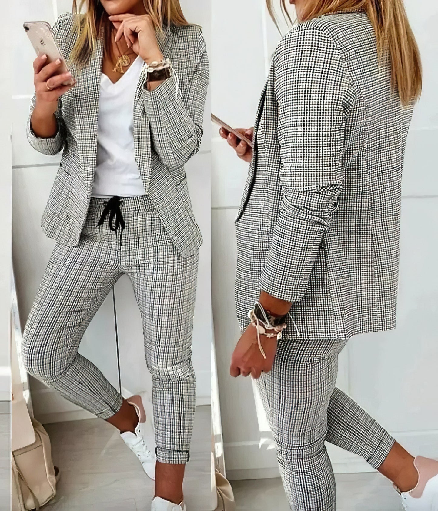 2-Delige Geruite Blazer Set Dames