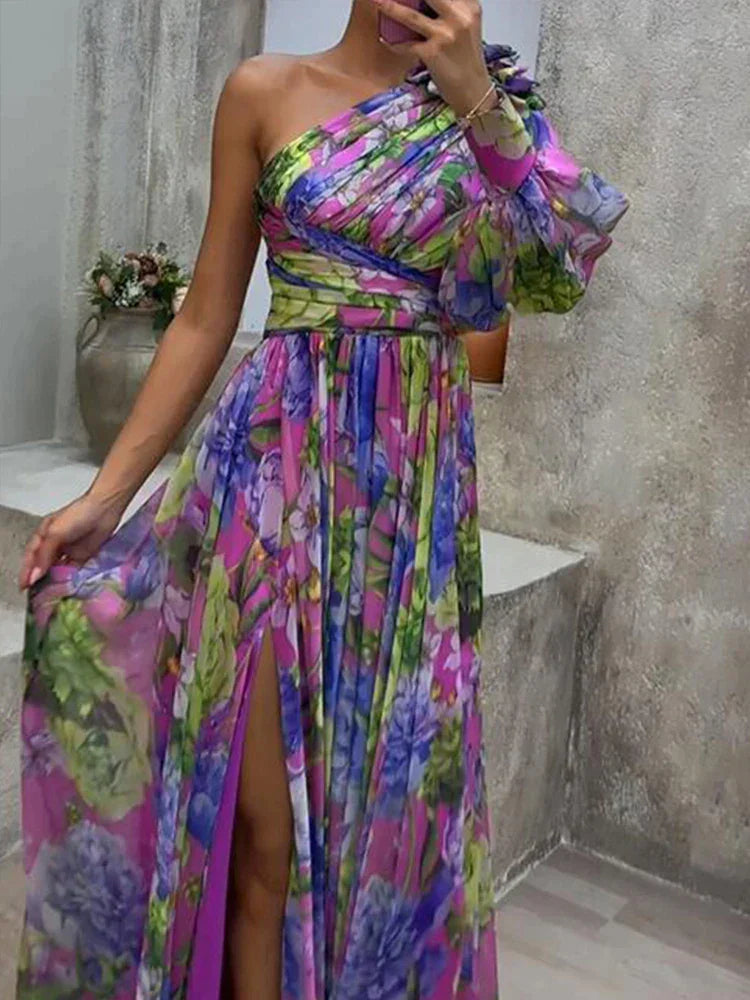 Lilac - Paarse print zijsplit en één mouw sexy maxi-jurk