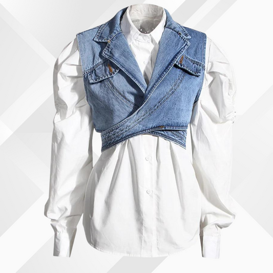 Nelia - Denim vest en blouse met pofmouwen