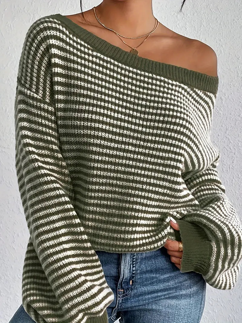 Charlie | Gestreepte gebreide off-shoulder trui