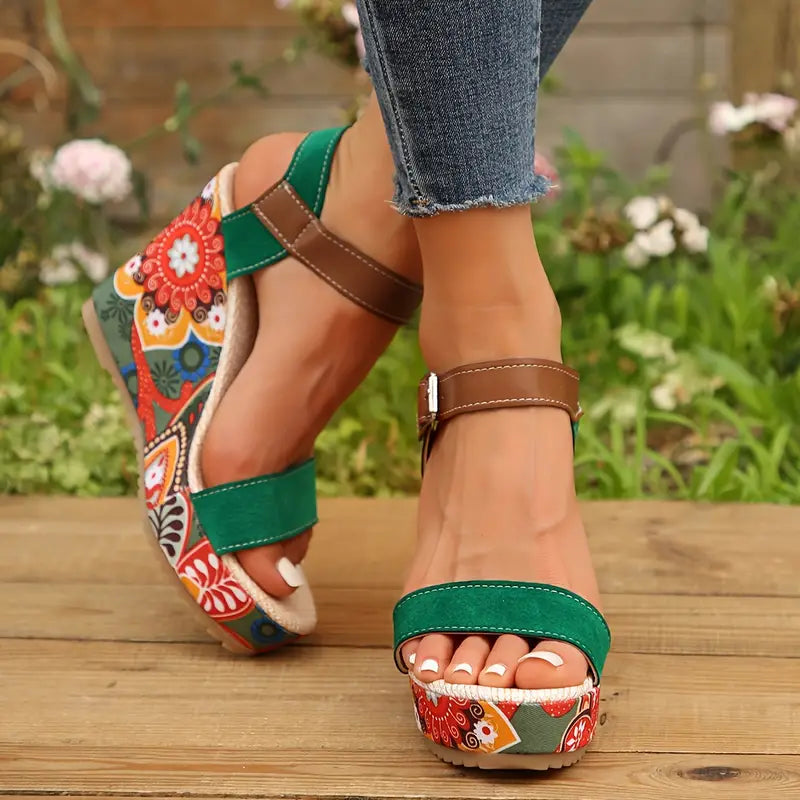 Olive - Sandalen met sleehak en bloemenprint voor dames