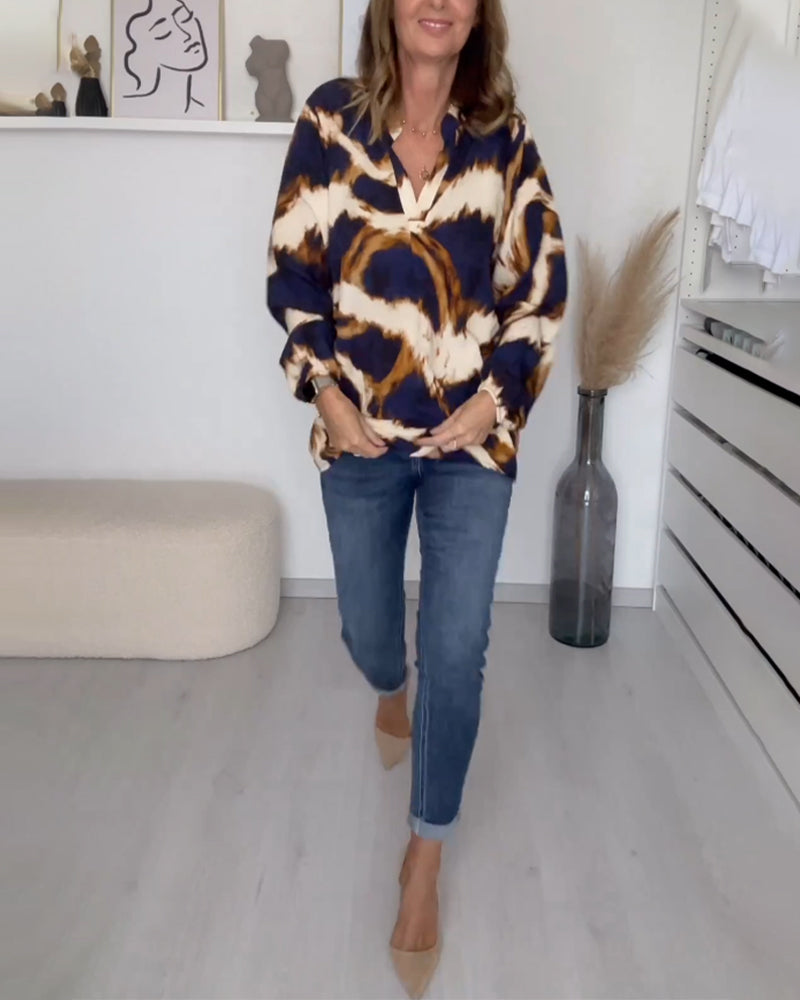 Elegante V-Hals Blouse Met Print & Gepofte Mouwen