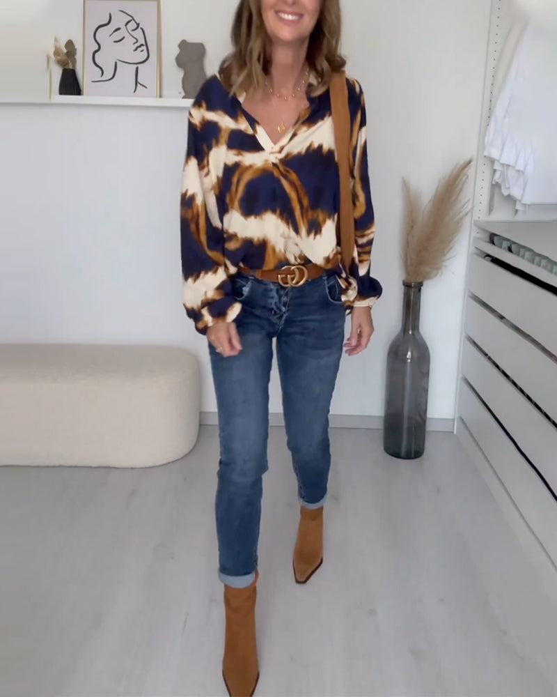 Elegante V-Hals Blouse Met Print & Gepofte Mouwen