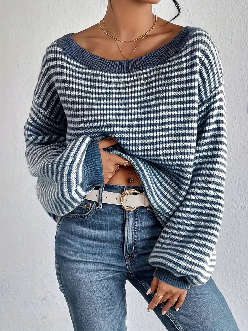 Charlie | Gestreepte gebreide off-shoulder trui